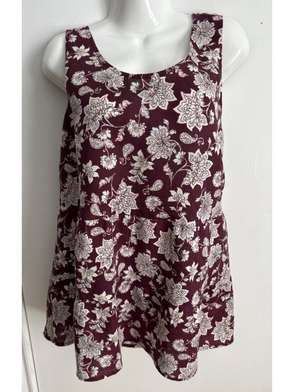 J. Jill Love Linen Burgundy Floral Sleeveless Top Size M